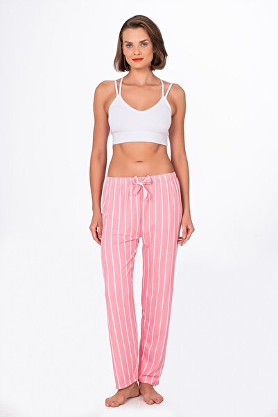 Kompedan Kadın Süet Pembe Çizgili Pijama Tek Alt