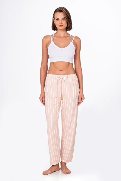 Kompedan Kadın Süet Bej Çizgili Pijama Tek Alt