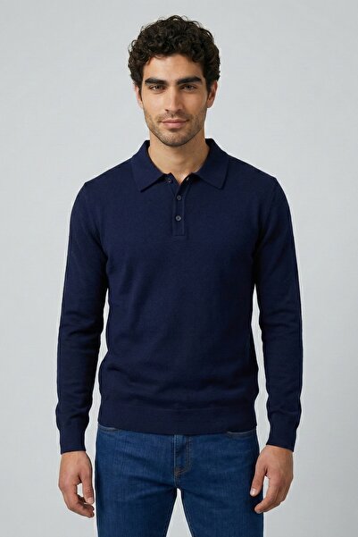 hateko Men's 50% Wool Navy Blue Polo Neck Sweater
