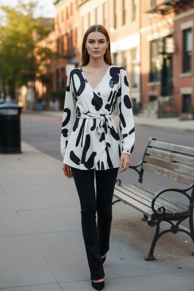 Mossta διπλό πέτο Μπλούζα Modal με λεπτομέρεια με κορδόνι στο λαιμό - με σχέδιο