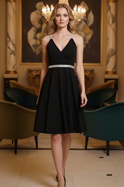 Mossta V-Neck Mini Flared Crepe Dress - Black