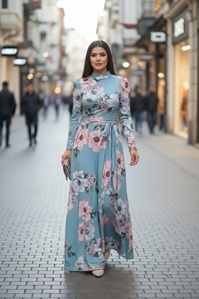 Mossta Μακρύ φόρεμα με στρογγυλή λαιμόκοψη και στάμπα με ζώνη - Πράσινο