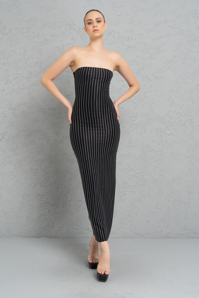 Kikiriki Siyah Taşlı Straplez Maxi Elbise