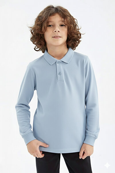 ZACHARIUZ Унисекс детска поло блуза с дълъг ръкав, цвят ледено синьо