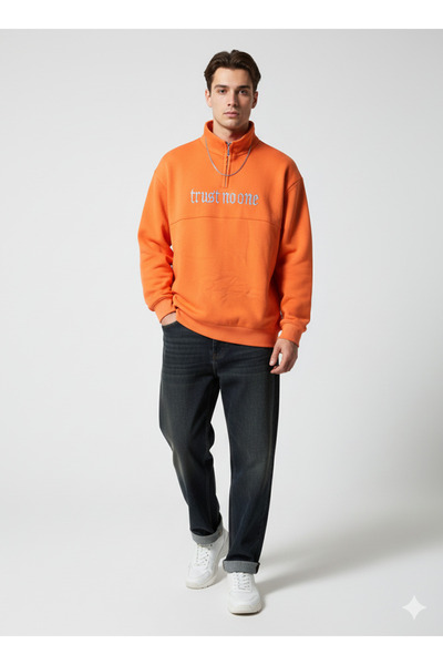 ribana Unisex Regular Fit Zippered Soft Textured Three Thread Long Sleeve Swe...