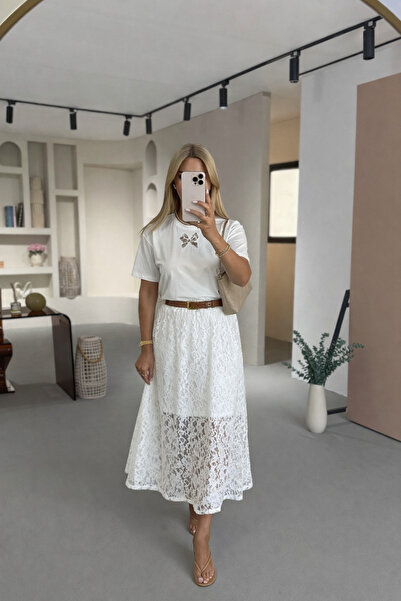 Sezgi Tekin Waist Elastic Lining Detail Ecru Lace Skirt