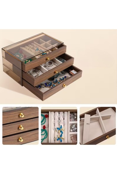 ALPCES Çekmeceli Ahşap Takı Kutusu - Vintage Ahşap Üst Kısım Küpe/Bileklik Sa...