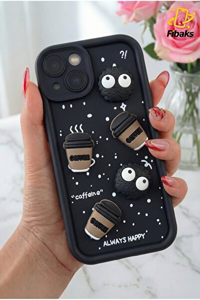 Fibaks İphone 15 Uyumlu Kılıf Tasarımlı Desenli Kamera Korumalı Coffee Kurabi...