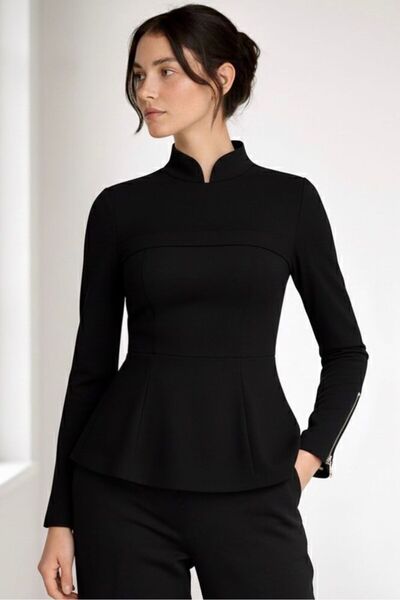 Elbikom Bluz yüksek yaka şerit detay siyah premium kumaş