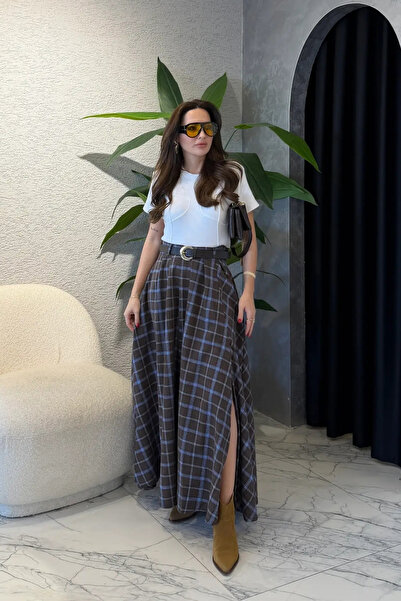 SHILSEE BEUTİQUE FUSTE FEMEI CU MODEL CAROATĂ CU DETAIL DE CUREA DETAIL DE FĂRĂ DEȘEPIȚĂ MARO-ALBASTRU CU DUCĂRI