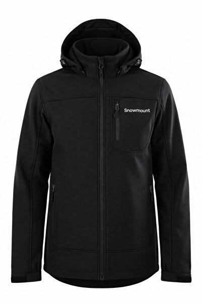 SNOWMOUNT Siyah Renk Softshell Sök Tak Kapüşonlu Kışlık Polarlı Mont Ceket