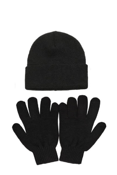 Çeşitli Black Basic Beret and Long Gloves Double Combination