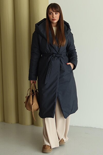 Olcay Hooded Snap Closure Fiber Long Coat Dark Blue 6815