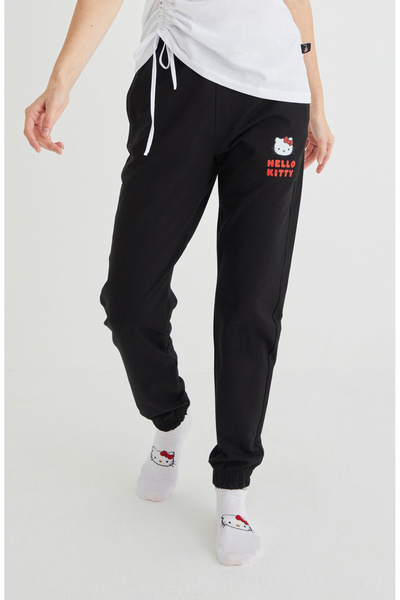 Hello Kitty Lisanslı Baskılı Siyah Pamuk Likralı Eşofman Altı