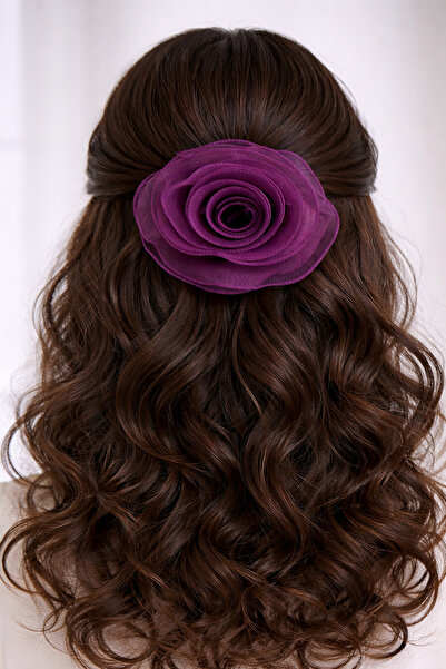 Modex مشبك أوتوماتيكي من التول الأرجواني على شكل وردة (الحجم: 15 سم)