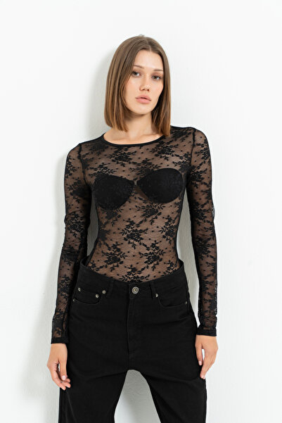 Kikiriki Siyah Uzun Kollu Transparan Bodysuit