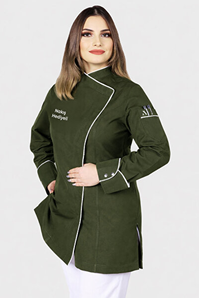 Üniformanya سترة طاهٍ نسائية باللون الأخضر الكاكي مع اسم مخصص، زي طاهٍ، قميص ...