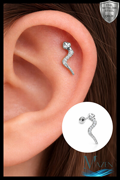 MAZEN Paslanmaz Kararmazi Çelik Yılan Tragus, Kıkırdak, Helix 8mm Piercing (İ...