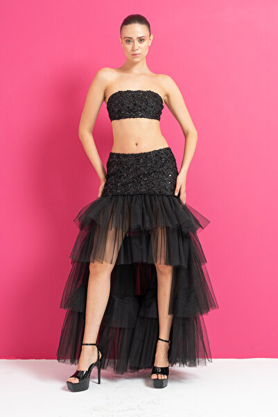 Kikiriki Siyah Straplez Payet Büstiyer & Önü Kısa Arkası Uzun Fırfırlı Etek T...