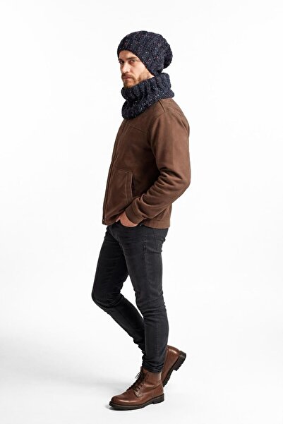 Gönülden Tasarım Ручна в'язка Чоловічий комплект шапки та шарфа СИНІЙ