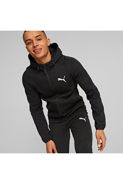 Puma جاكيت رياضي رجالي EVOSTRIPE بسحاب كامل وغطاء رأس - أسود