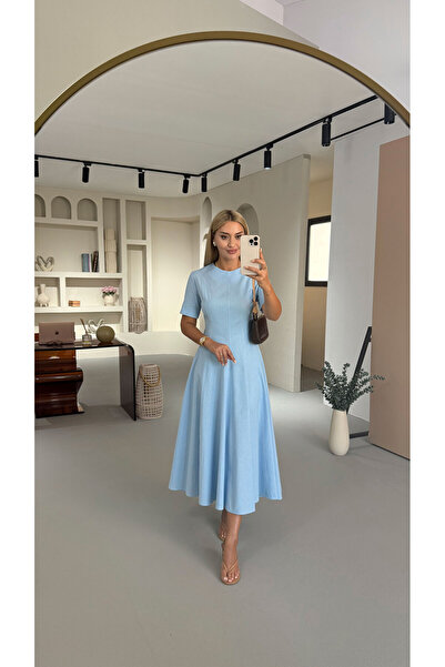Sezgi Tekin Kısa Kol Bebe Mavi Keten Çan Elbise