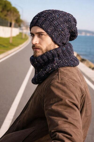 Gönülden Tasarım Hand Knitted Men's Beanie Neck Collar Set Colorful