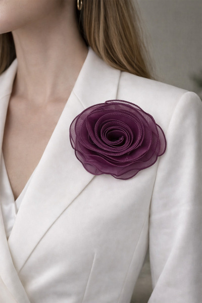 Modex Organize Tül İğneli Mor Gül Broş (Ölçü:15 cm)