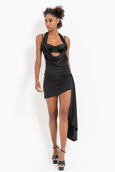 Kikiriki Siyah İçi Büstiyerli Degaje Yaka Elbise