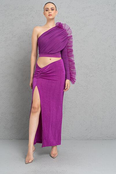 Kikiriki Magenta Tek Kollu Fırfırlı Bluz