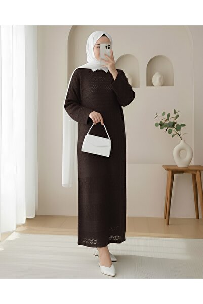 Modamorfo Ajurlu Desenli Triko Elbise -K. Kahve