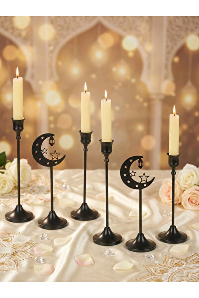 MODY ٦ قطع من حوامل الشموع السوداء الرمضانية، زينة شمعدان معدنية، زينة مكتبية رمضانية