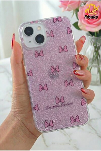 Fibaks Apple Iphone 13 - 14 - 15 Kılıf Mor Simli Fiyonk Desenli Renkli Parlak...