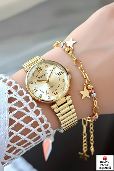 Ferrucci ساعة يد نسائية من ميلانو بسوار معدني ذهبي وقرص دائري مرصع بالأحجار -...