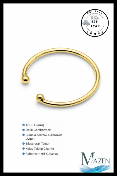 MAZEN 925 Ayar Gümüş Halka Deliksiz Sıkıştırmalı Kıstırmalı Fake Hızma Gold Renk
