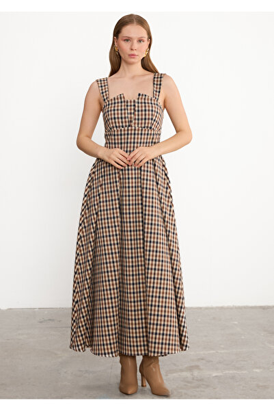 LADYA COLLECTION Kahve Kareli Alin Kare Yaka Elbise