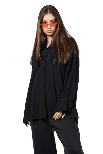 PIKI PIKI V NECK BLACK RAYON-LINEN SHIRT