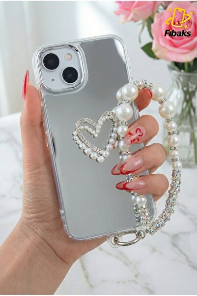 Fibaks Apple iPhone 13 - 14 - 15 Case Mirrored Pearl Charm Strap Heart Design Patterned Silicone Cover
