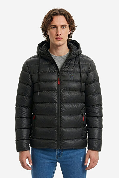 D1fference Pánské černé sportovní zimní nafukovací kabáty s kapucí a větruodolné