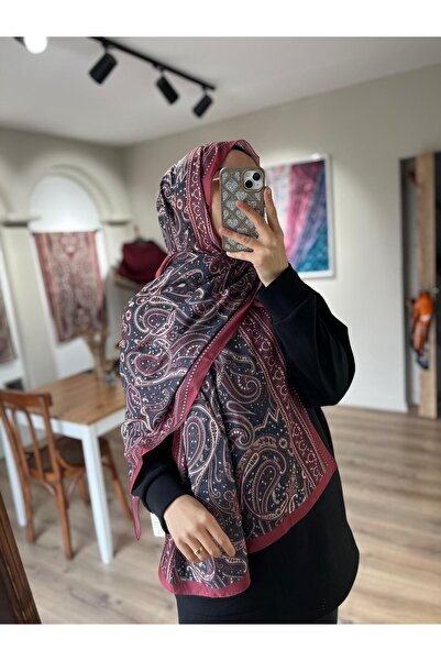 Merwiss Etnik Retro Desenli Soft Bordo Şal