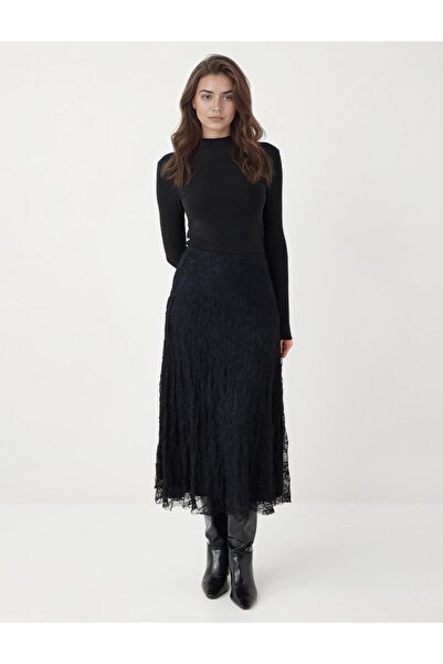 Jimmy Key Fusta midi talie înaltă din material subțire cu detaliu din dantelă...