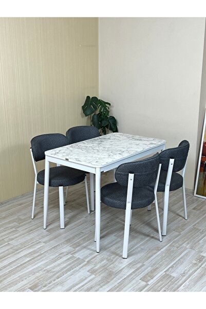 DİLETTO 70x110 YEMEK MASA TAKIMI MUTFAK MASASI 4 KİŞİLİK MASA SANDALYE TAKIMI BEYAZ MERMER ANTRASİT RENK