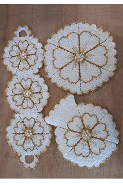 Hediye Dünyası Çeyizlik El Örgüsü 3'lü Lif Seti Kalpli Gold Simli Beyaz