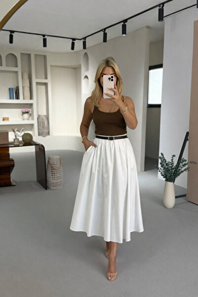 Sezgi Tekin Fusta clopot din popelin ecru pliat din seria Premium