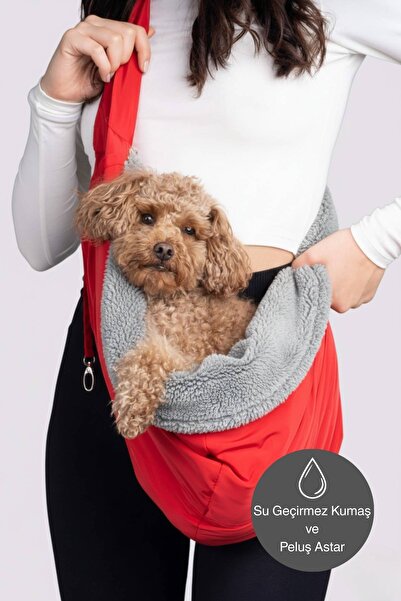 salya store Peluş astarlı kırmızı renk köpek ana kucağı taşıma çantası 0-8kg