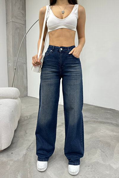 BİKELİFE جينز نسائي ذو تأثير شاحب عتيق بخصر عالٍ وواسع الساق