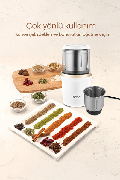 Sinbo 2982 Kahve & Baharat Öğütücü Beyaz/Gold – 200W Güç, Paslanmaz Çelik Bıçak, 100g Kapasite