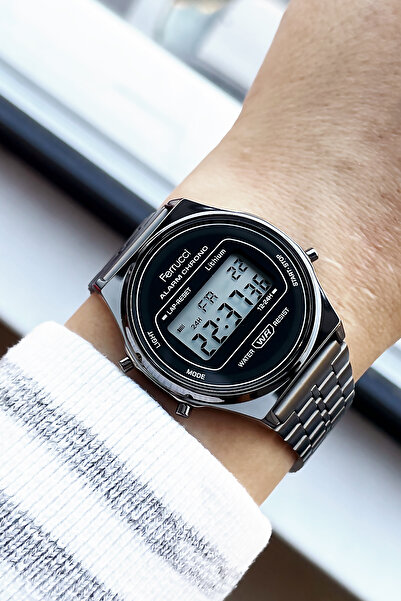 Ferrucci حزام فولاذي 3 Atm مقاوم للماء لون مدخن للجنسين ساعة يد أصلية رقمية FRE2005C3