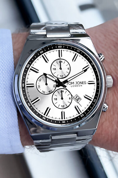 Tom Jones ساعة يد رجالية 3 اتم مقاومة للماء لون فضي سوار فولاذي + حجر طبيعي E...