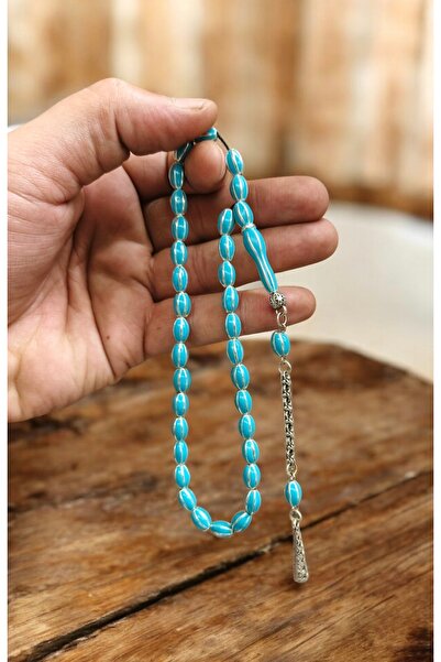 İnan Tesbih Turquoise Color Enamel Embroidered Barley Cut Caged Model Prayer ...